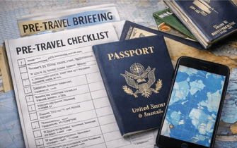 travel documents and passports with pre-travel checklist